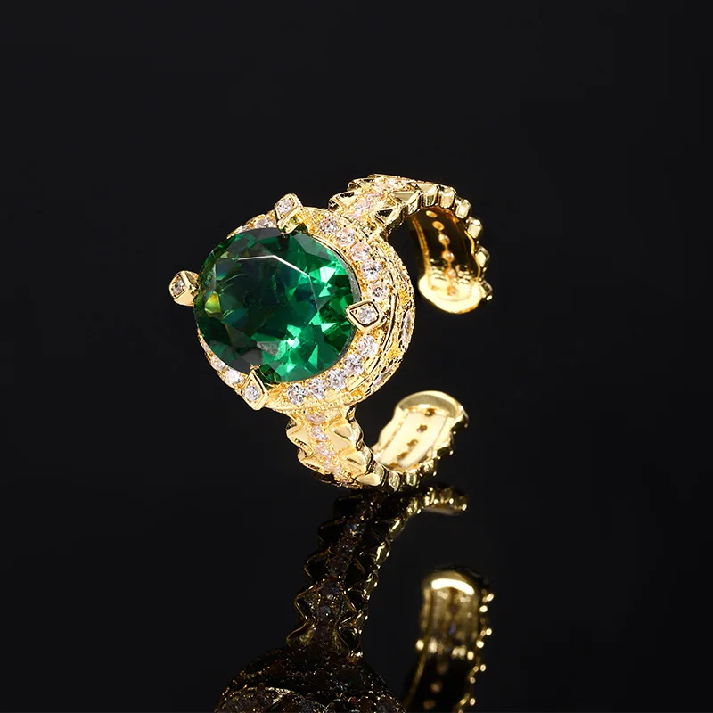 

Gold-Plated Copper Jewelry Vintage Ring Zircon Crystal Green Zircon Royal Blue Adjustable Fashion Open Ring for Women