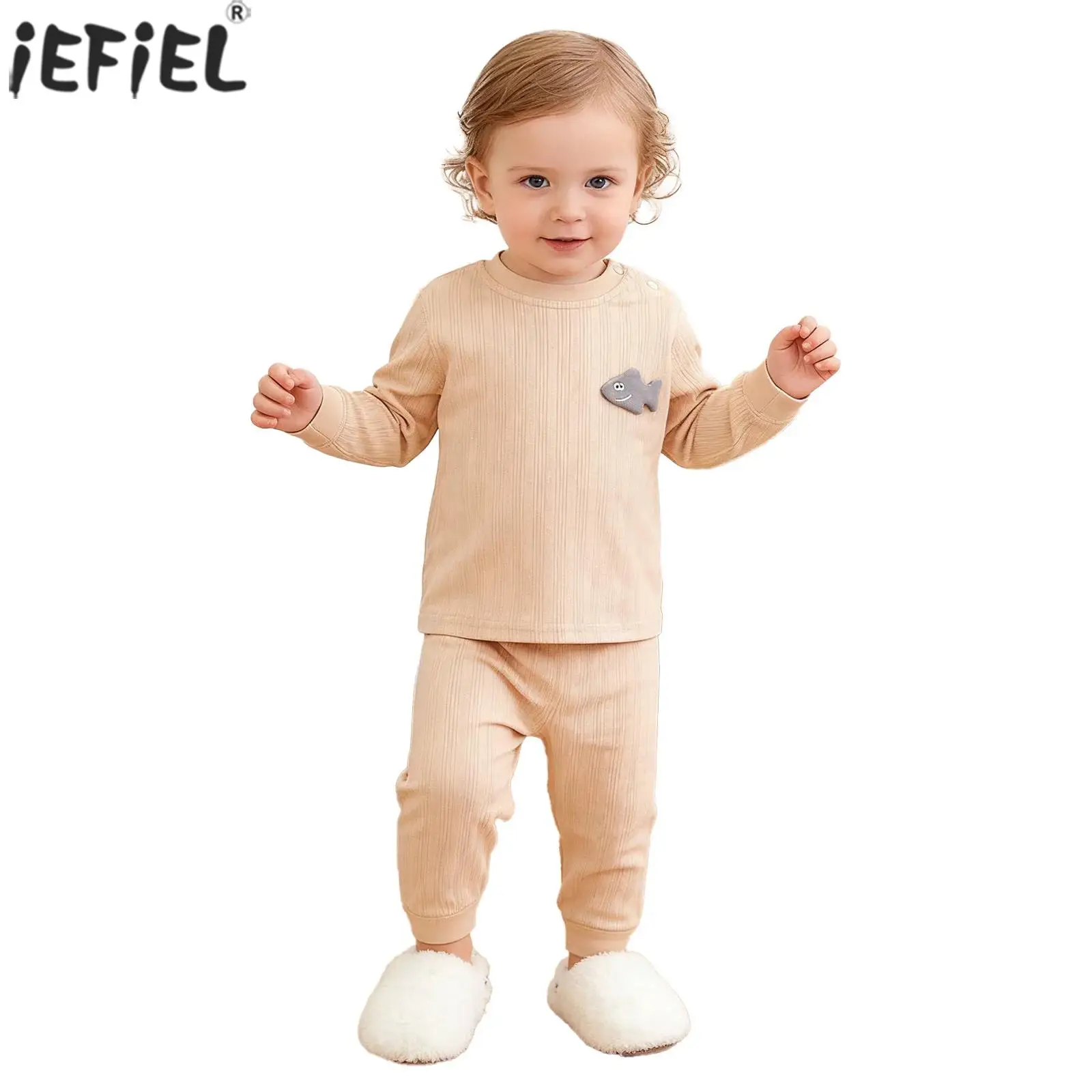 Baby Boys Girls Pajama Set Jacquard Ribbed Texture Thermal Underwear Homewear Sleepwear Spring Fall Long Sleeve Top with Pants