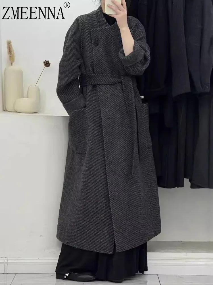 

ZMEENNA Womens Elegant Dark Gray Wool Blend Long Coat Stand Collar Belted Waist Winter Outerwear Chic Warm And Stylish ZM3438