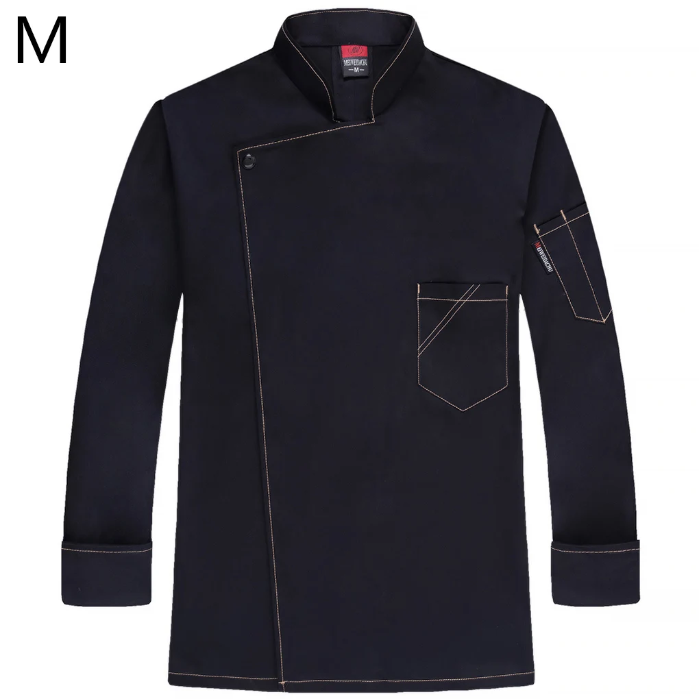 Chef Uniform Polyester Warm Chef Coat with Front Pockets Oblique Collar Suits for Men Catering for Coffee Bar Black 3XL