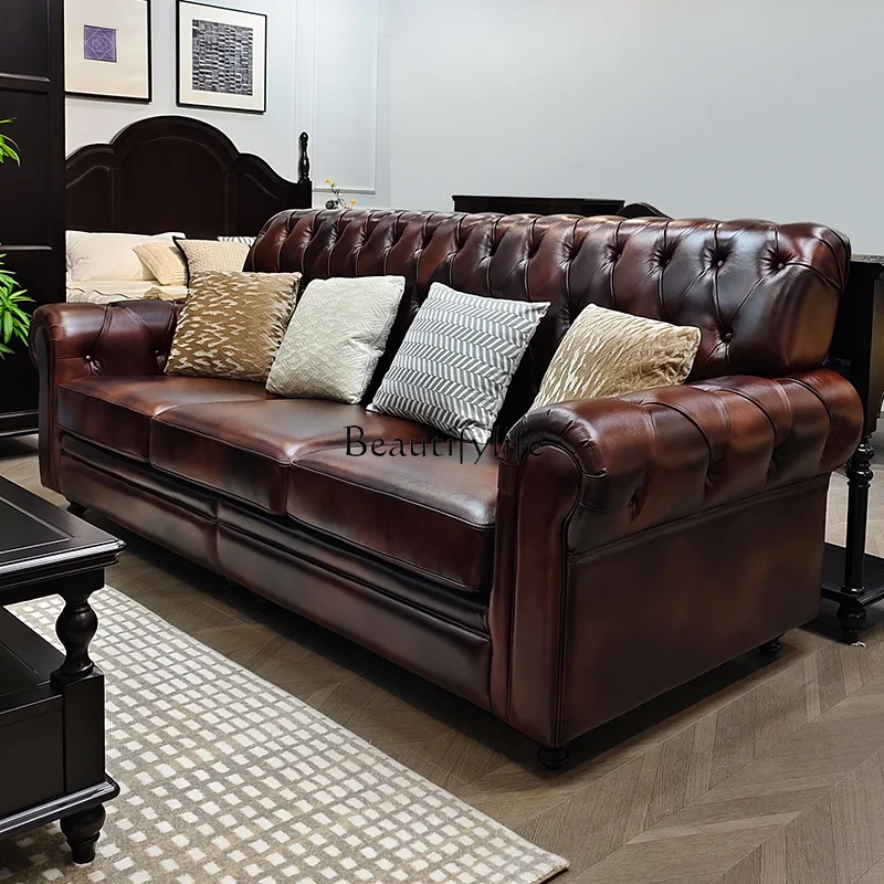 01American retro four-person straight-row leather sofa small apartment living room three