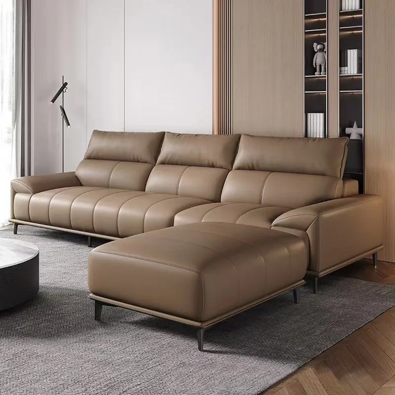 Canapé en cuir avec touches de piano minimalistes italiennes, pour trois personnes, rangée droite, salon, dossier haut, marron