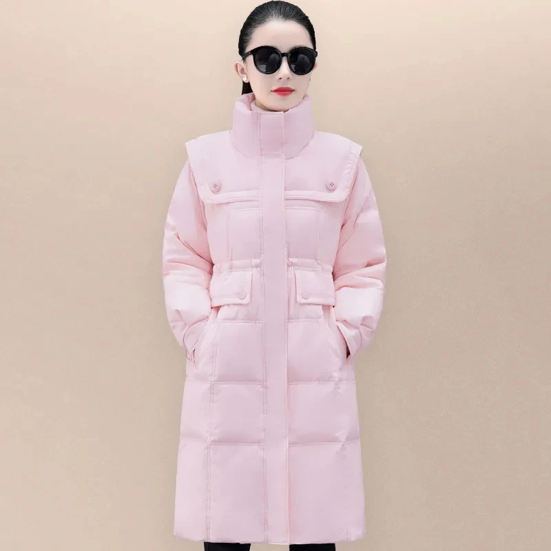 Winter Long Down  Women's 2023 New Western Fashion Loose Hooded Warm And Cold White Duck Down Waist PocketCoat Female Tide