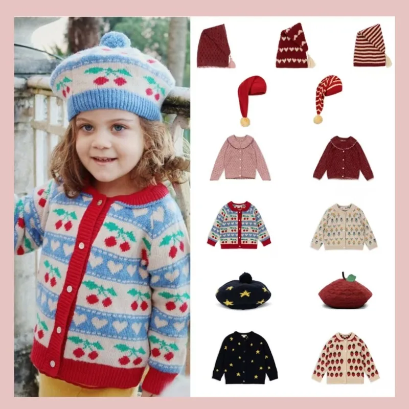 OUYANG&IVAN 24 Autumn/Winter KS Holiday Children's Knitted Cardigan Girls' Lapel Warm Sweater Boys' Santa Hat