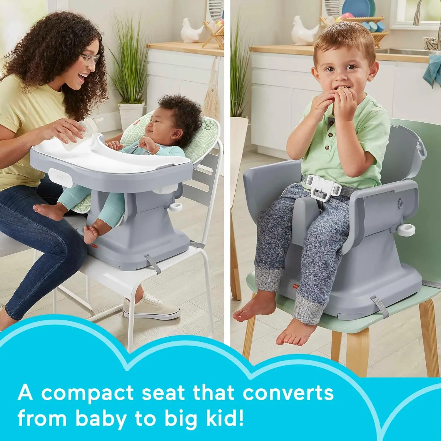 Baby to Toddler High Chair SpaceSaver Simple Clean Portable Dining Seat & Booster with Washable Deep Tray & Liner,