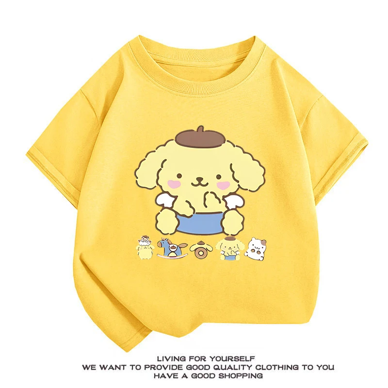 Summer New Kids Sanrio Cartoon Print T-shirt Pompompurin Children's Short sleeved Top O-Neck 100Cotton Boys And Girls Tee shirts