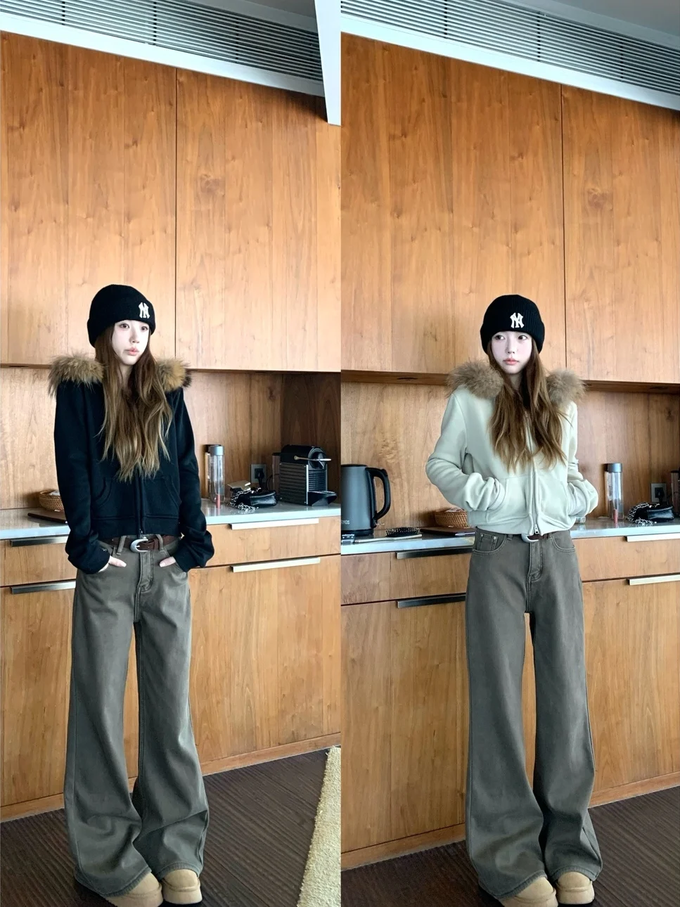 

Oguuo Vintage Grey Brown Fleece Lined Women's Jeans Winter 2025 New Style Versatile Composite Silver Velvet Pants