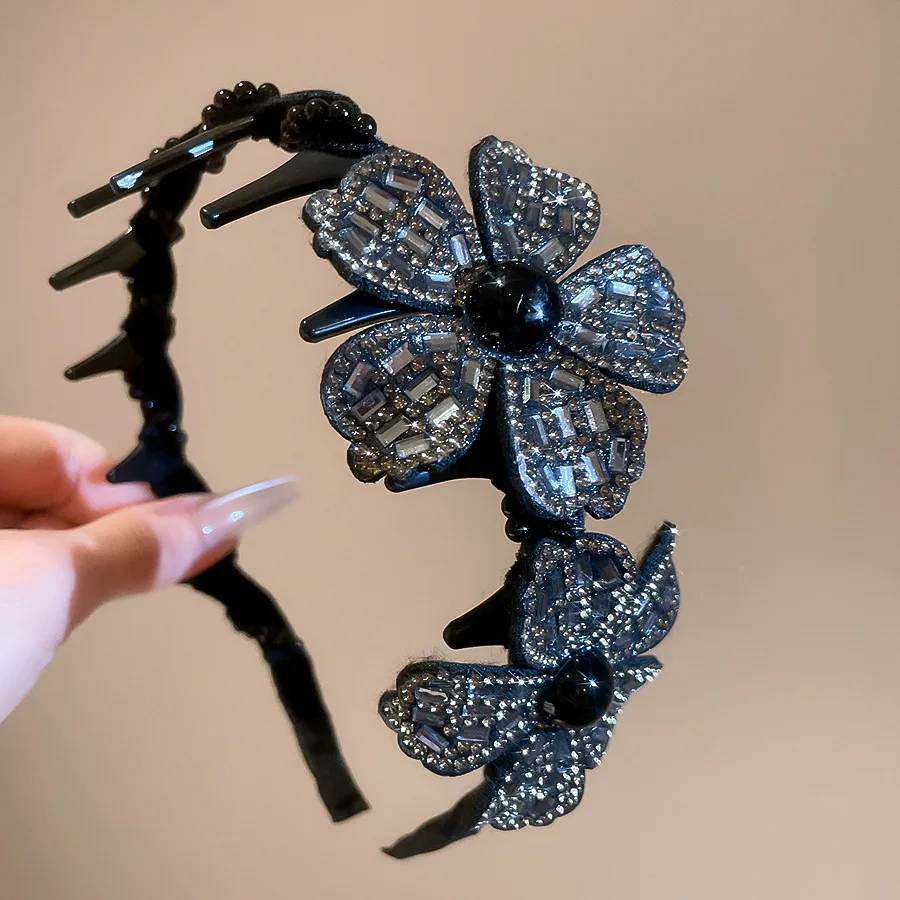 2Pcs Set Funkelnden Diamant Blume Feder Haar Zubehör Set Haar Hoop + Grip Clip frauen Bankett Stil pan Haar Zubehör – Detail 9