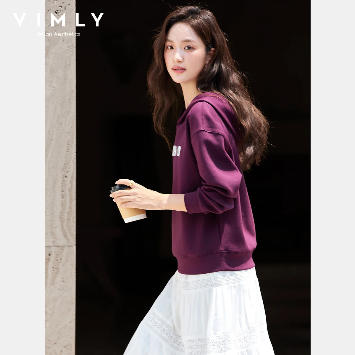 VIMLY Hoodies Woman Letter Embroider Purple Autumn 2025 New Casual Long Sleeve Loose Tops Sporty Knitted Sweatshirt Female A1977