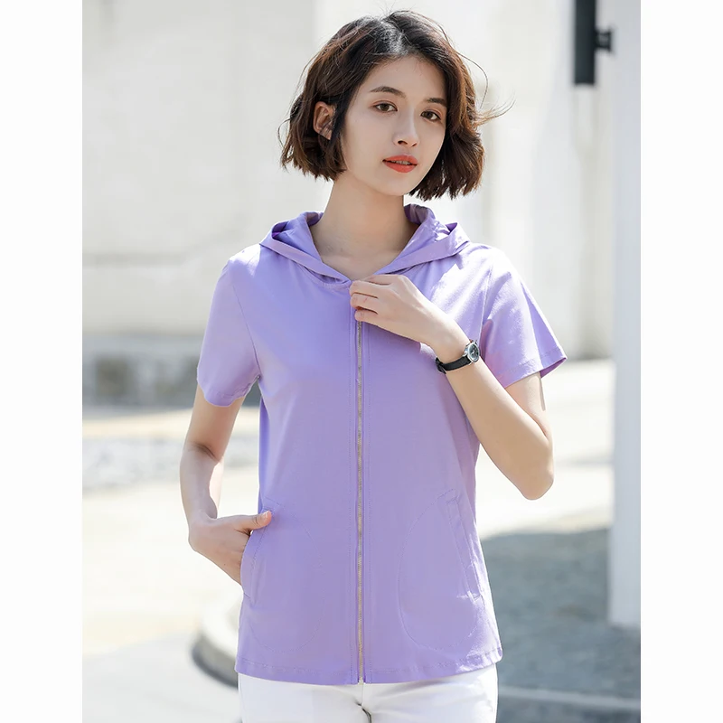 2023 Summer New Hooded Neck T-shirt Short Sleeve Solid Cotton Fashion Casual Women\'s Zipper Pocket Sweater