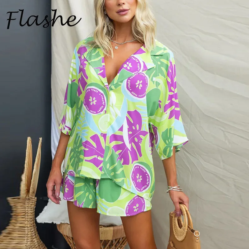 

Женский Повседневный комплект из двух предметов, кардиган с коротким рукавом и цветочным принтом, жакет и шорты на пуговицах, летняя домашняя одежда