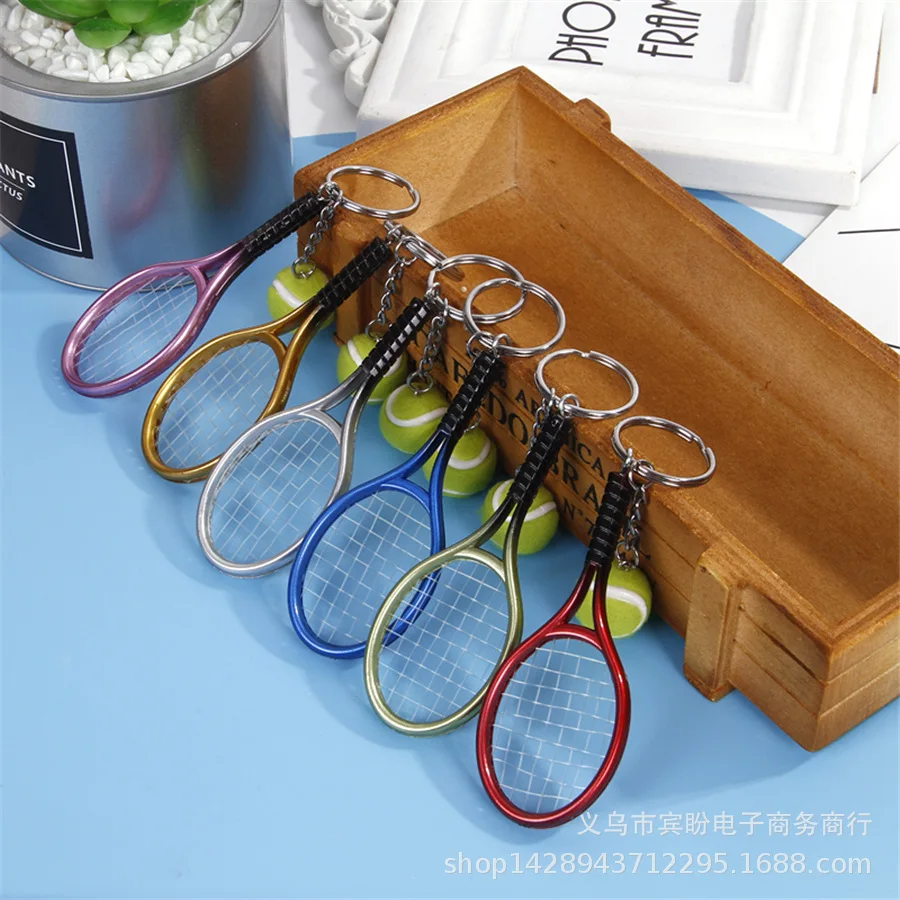 6Pcs Mini Tennis Ball and Racket Model Keychain Metal Novelty Handbag Lover Sport