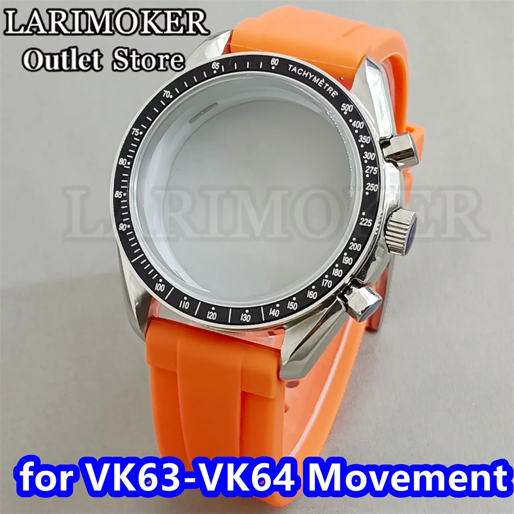 LARIMOKER 40.5mm Rubber watch band Silver Watch Case fit VK63/VK64 with Chronograph Quartz Movement fit about 31mm-31.5mm dial