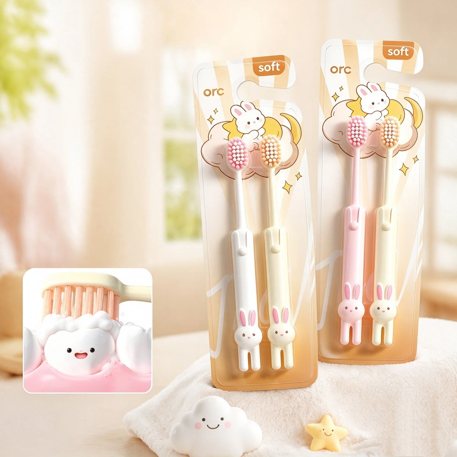 4/2 Pieces in Random Colors Cute Rabbit Children's Toothbrush Cartoon Toothbrush Soft Bristle Baby Toothbrush Non-Slip Dual Bristle Children's Toothbrush