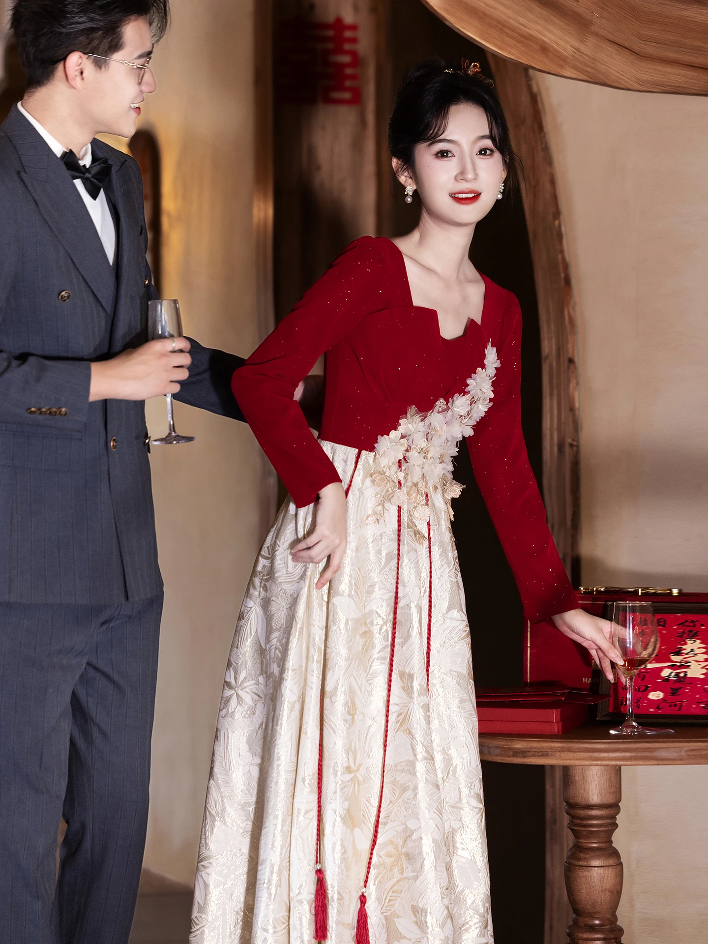 

Red Velvet Long Sve Wedding Dr for Bride 2025 New Winter Faionable Zipper Sle Vintage Look Daily Wear Formal Ocn