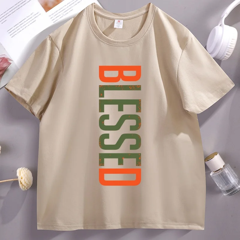 Blessed T-Shirt Christian Faith Tee Religious Soft Comfortable Cotton Short Sleeve Tshirt Streetwear Loose Round Neck Clothes
