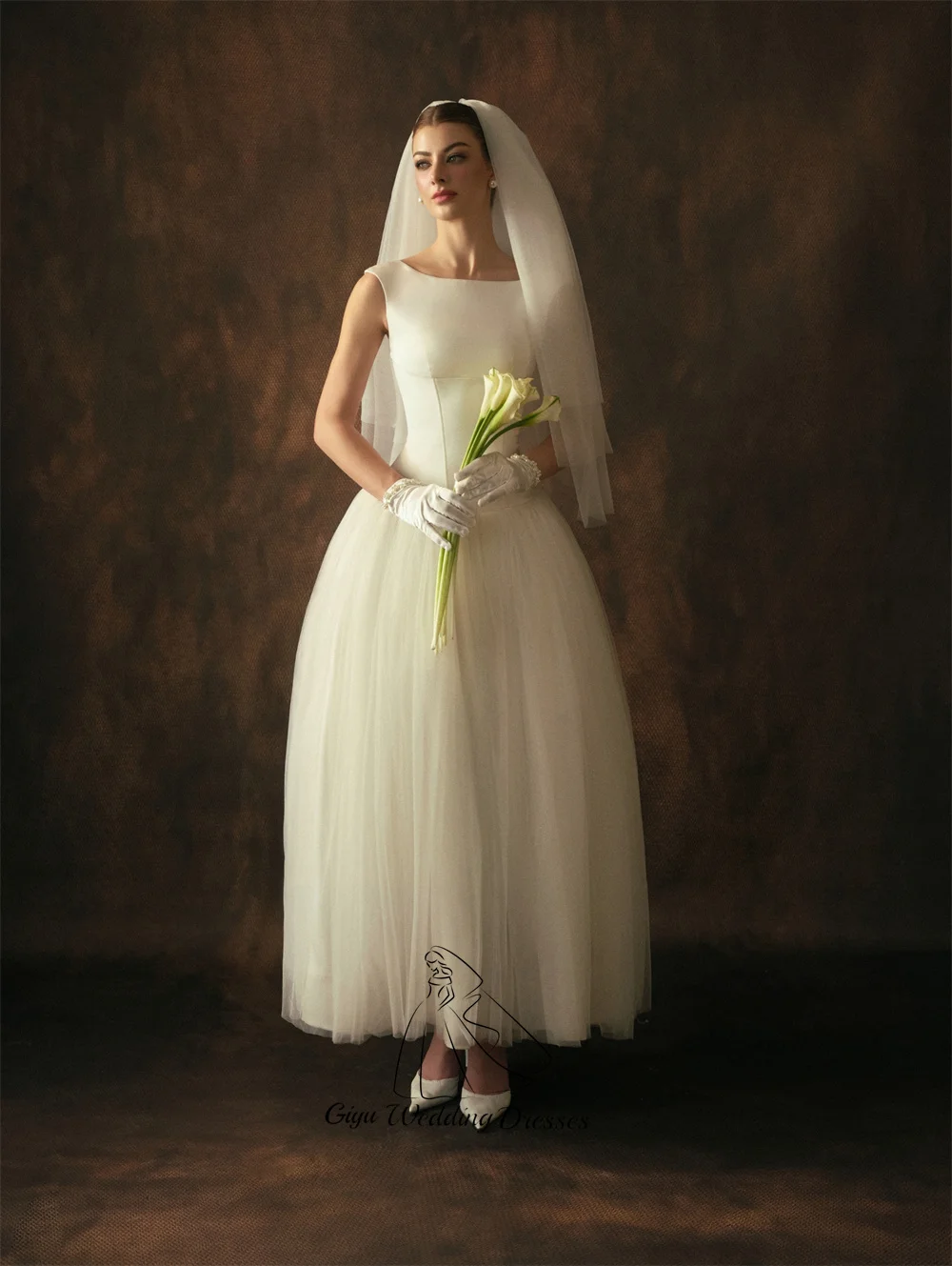 Giyu Elegant A-line Satin Tulle Wedding Dresses For Woman O-Neck Sleeveless Back Tie Bridal Gown Ankle-Length Customized