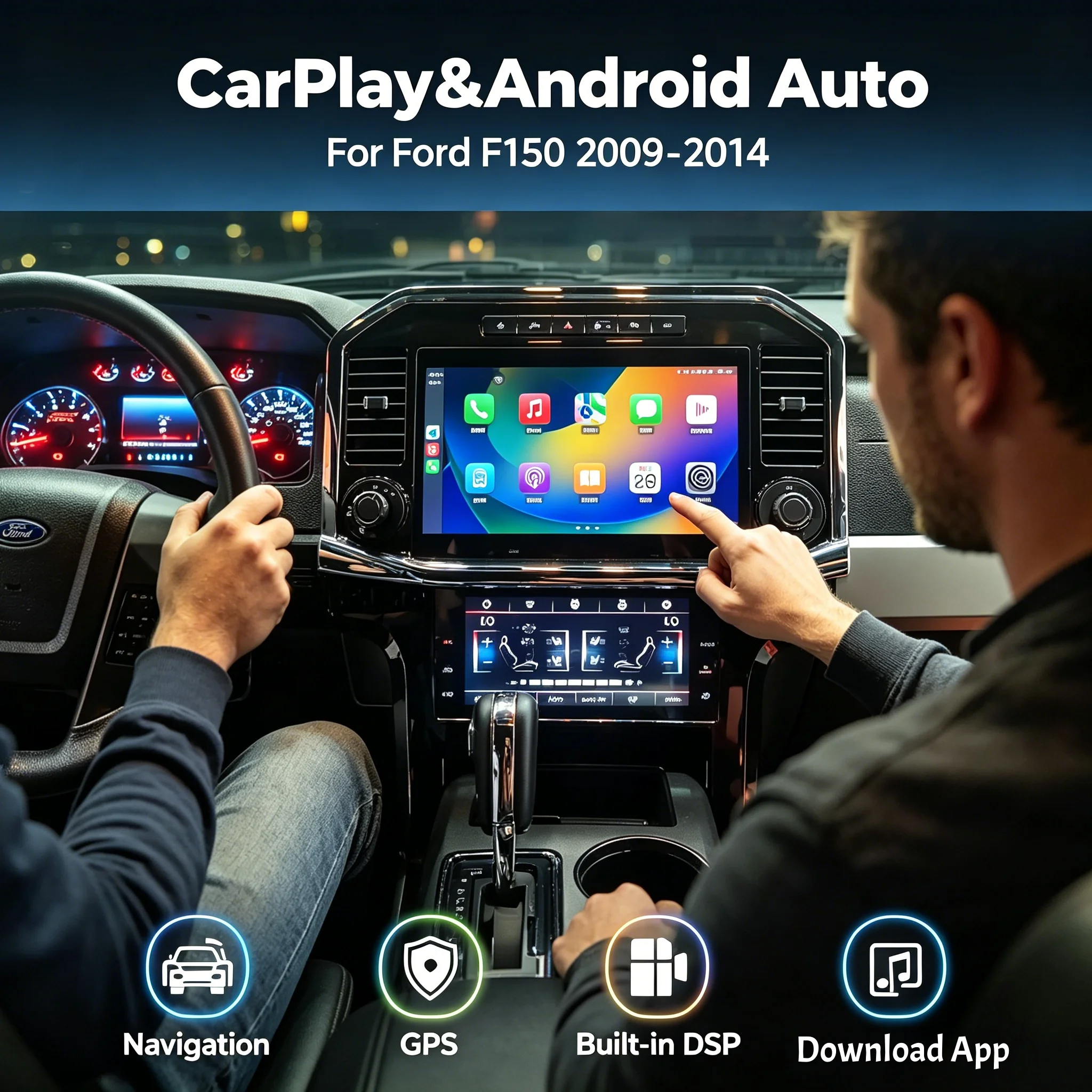 CarPlay Stereo + AC panel For Ford F150 2009-2014 Android Auto Multimedia Screen Player 4G Car Radio GPS Navigation Bluetooth