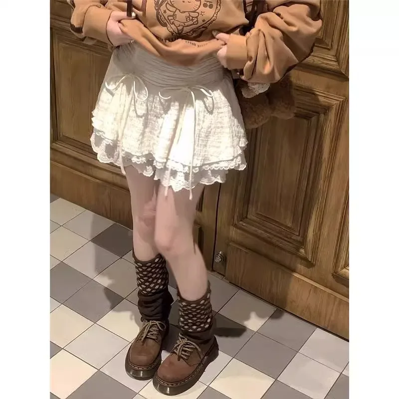 

Новая коллекция Весна-Лето: Короткая кружевная юбка А-силуэта с бантом, мини-юбка, женская модная милая многослойная короткая юбка