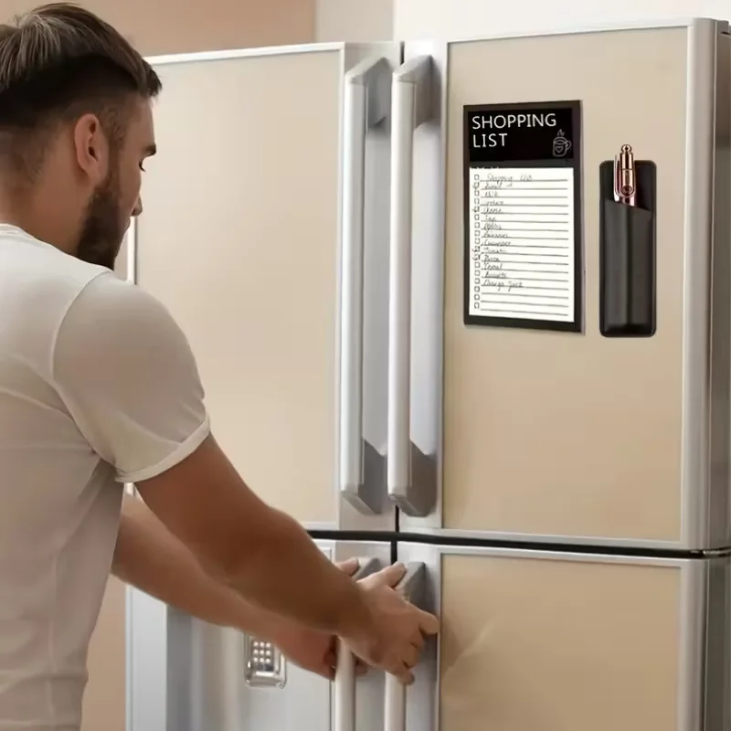 A magnetic shopping list notebook with a high-quality leather pen holder - a sturdy storage box for the refrigerator. Refrigerat