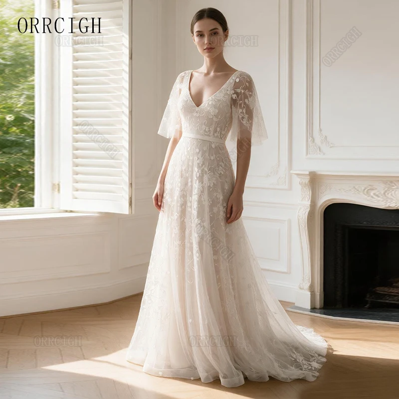 Romantic Lace Wedding Dresses for Bride 2027 Flutter Sleeve V Neck Bridal Gown Backless Customizable Robe de mariée