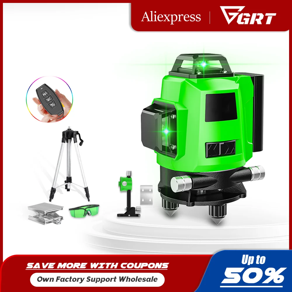 16/12 Lines 4D/3D Green Laser Level Horizontal & Vertical Cross Self-Leveling with Rotating Base Remote Control Laser Level