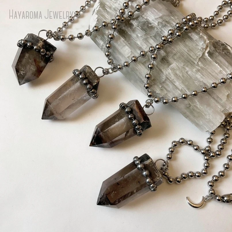 10PCS Chunky Smoky Quartz Crystal Stainless Steel Ball Chain Necklace Brown Gemstone Talisman Wicca Witch Goth Boho Jewelry