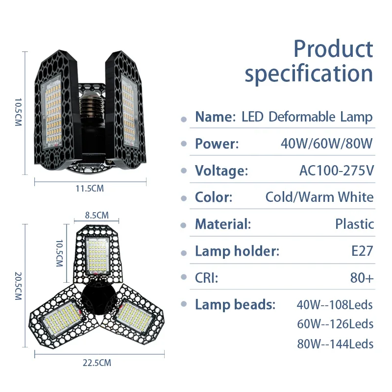 1/2pcs Deformable Lamp E27 LED Bulb 40W 60W 80W Garage Light 360 Degrees 85-265V Deform Light for Workshop Warehouse Factory Gym
