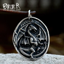 BEIER 2022 New Arrival 316L Stainless Steel Retro Dragon Pendant Round Medal Necklace Personality Necklace Animal Viking Jewelry