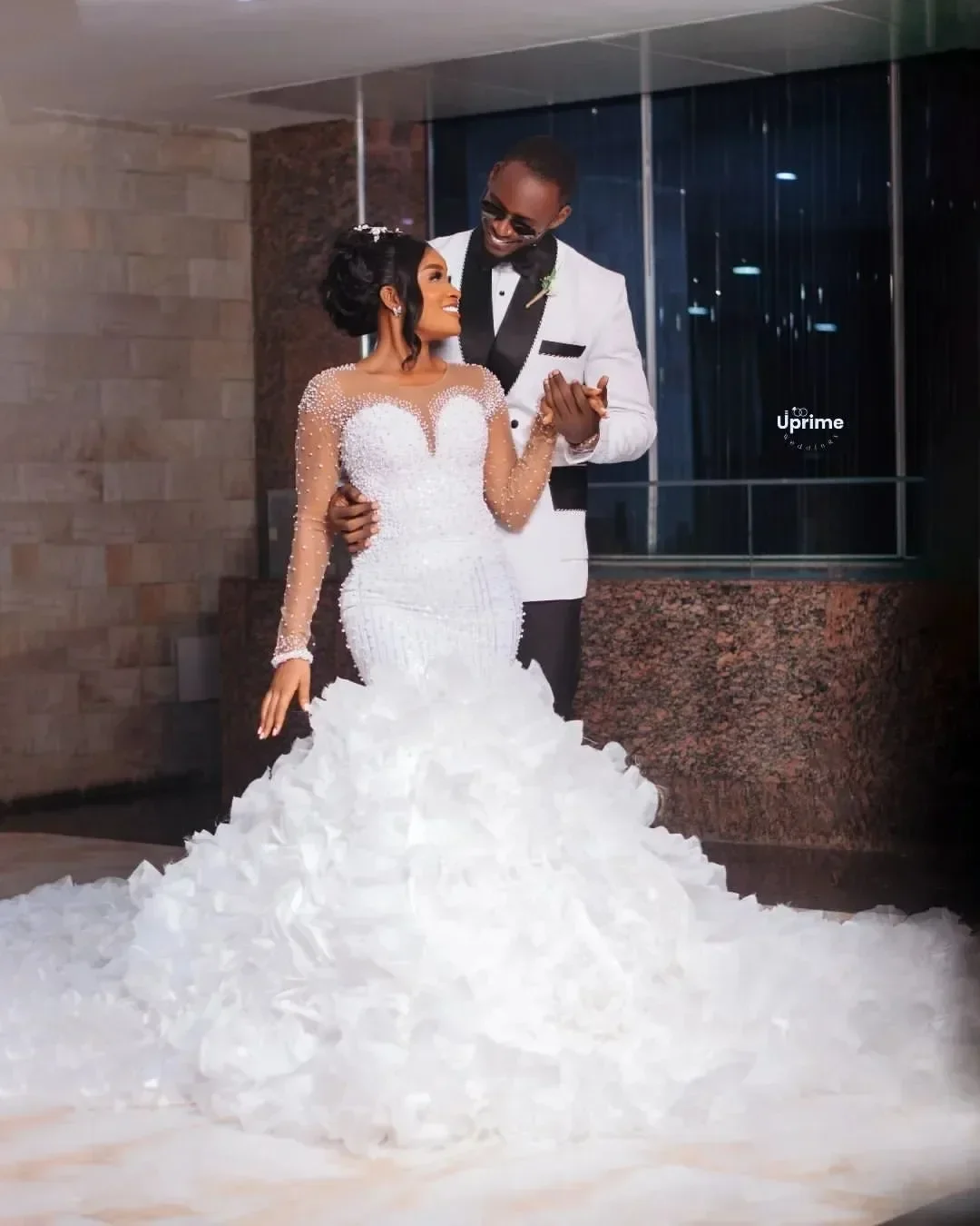 Customized O-Neck Sparkly Pearls Beads Wedding Dress with Detachable Ruffles Train Open Back Corset Long Sleeves Bridal Gown