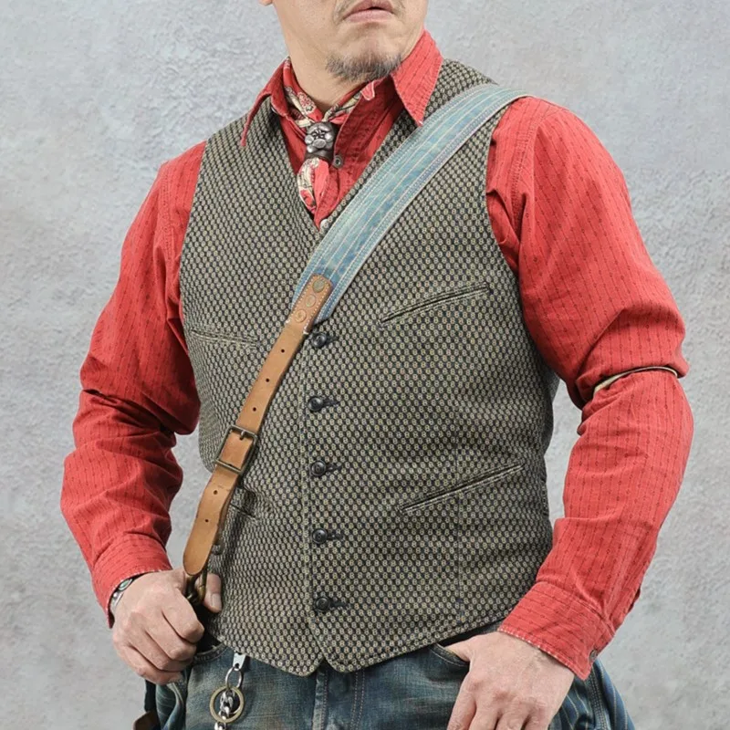 Amekaji Classic American Retro Vest Men's Washed Do the Old Cowboy Jacquard Waistcoat