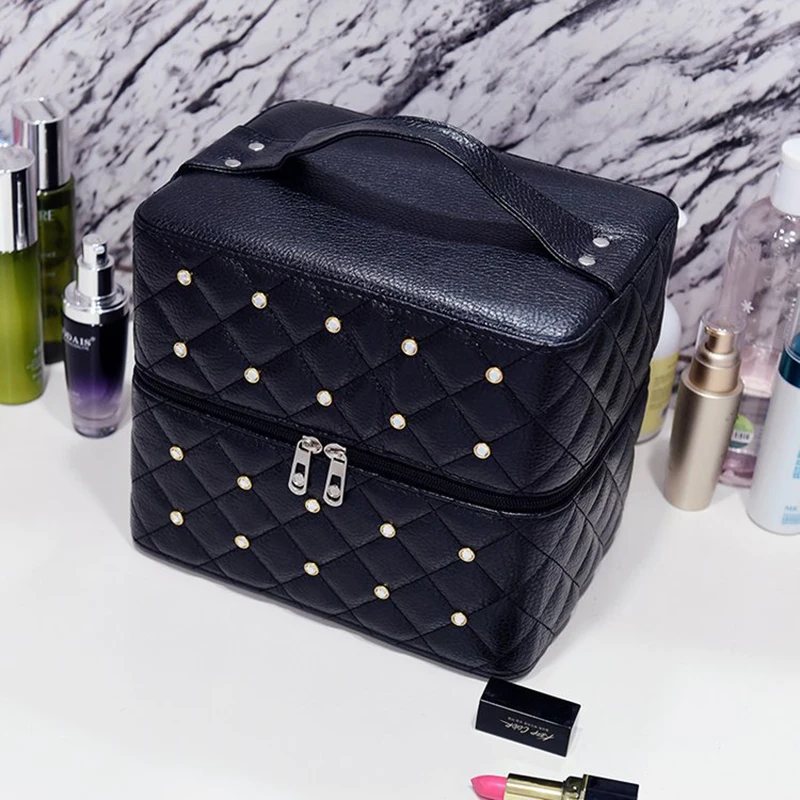 Foldable/Expandable Double Layered Large Capacity Makeup Bag Luxury Diamond Handbag Women's Travel PU Cosmetics Storage Box