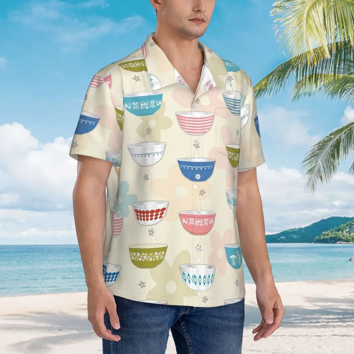 Vintage Pyrex Bowls Collection Hawaiian Shirts Funny Men Short Sleeve Shirt for Summer Beach Men's Lapel Tops