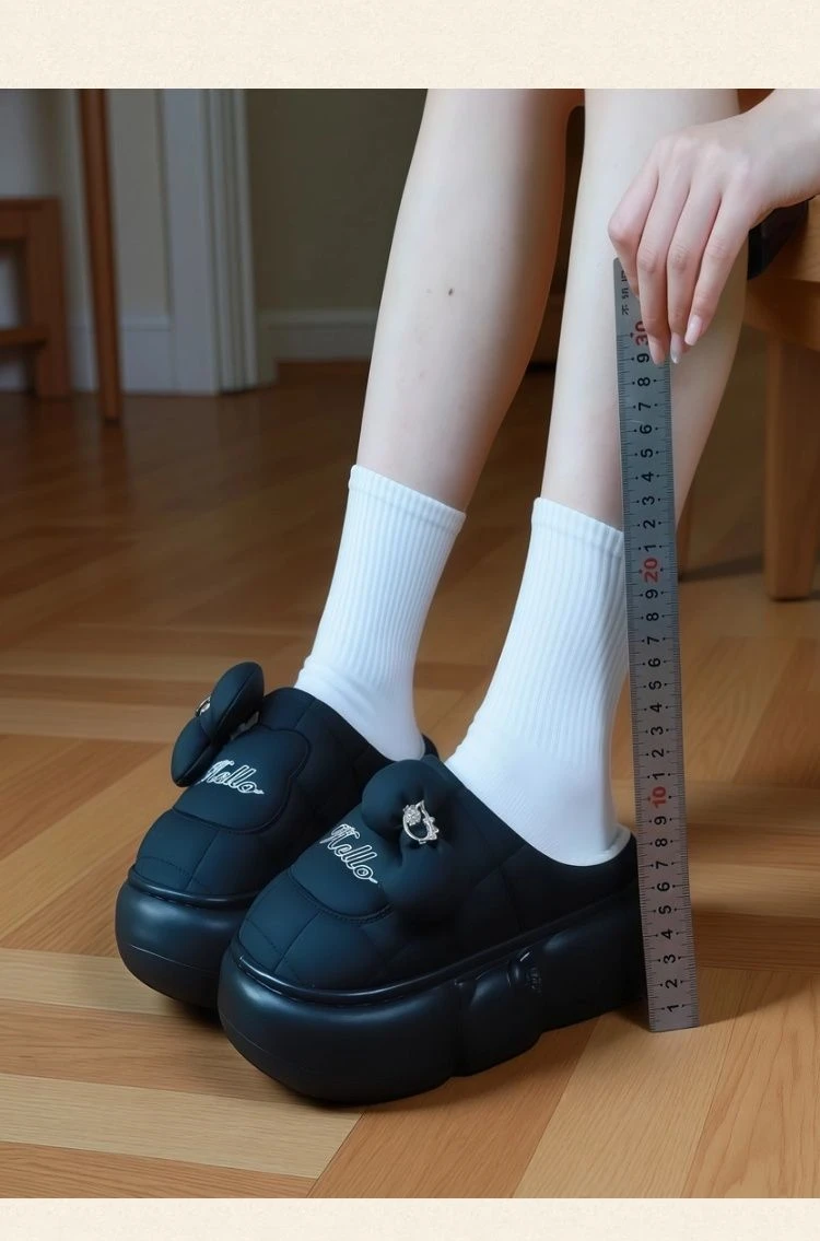 Wasserdichte gesteppte Damen-Plattform-Hausschuhe mit Schleife, geschlossener Rücken, warme, flauschige Winterschuhe, rutschfeste dicke Sohle, Baumwollschuhe für den Außenbereich – Detail 11
