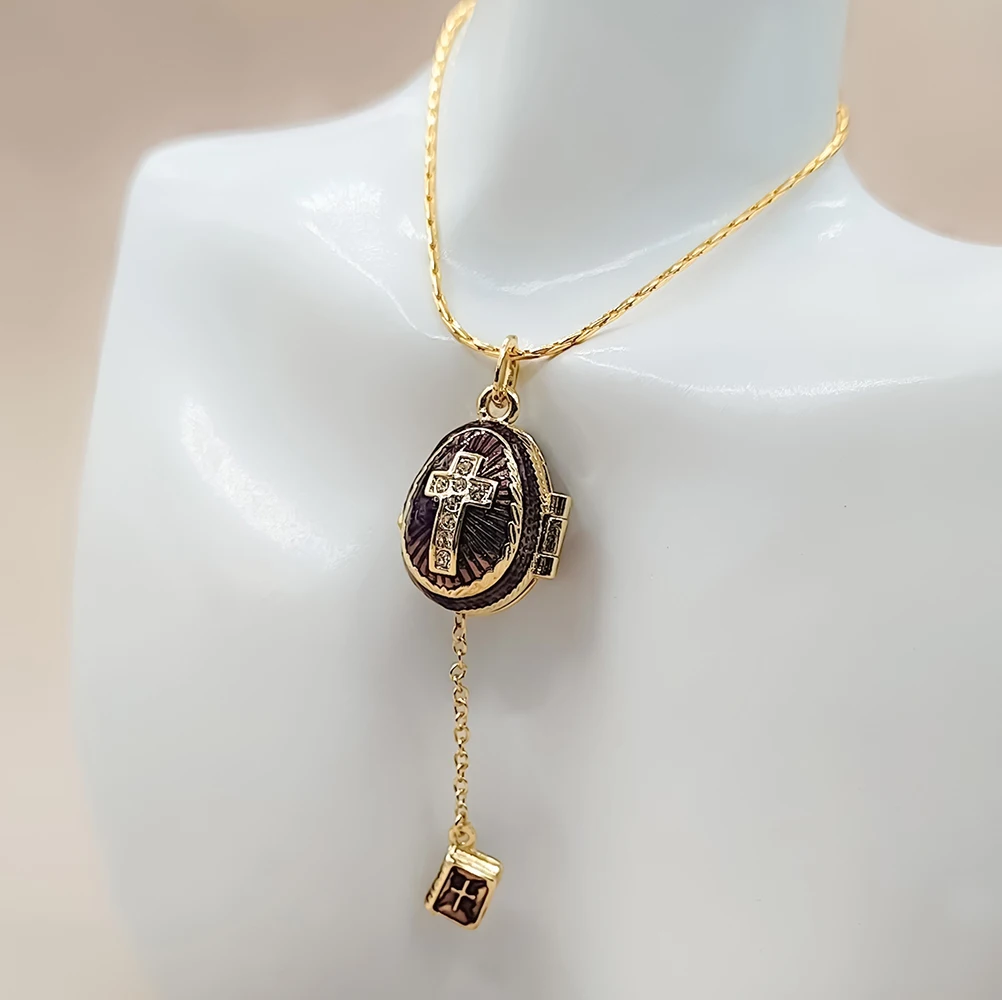 Vintage Fabergé Style Easter Egg Locket Pendant Necklace Enamel Cross Jewelry Charms with Bible Dangle, Retro Gift for Women