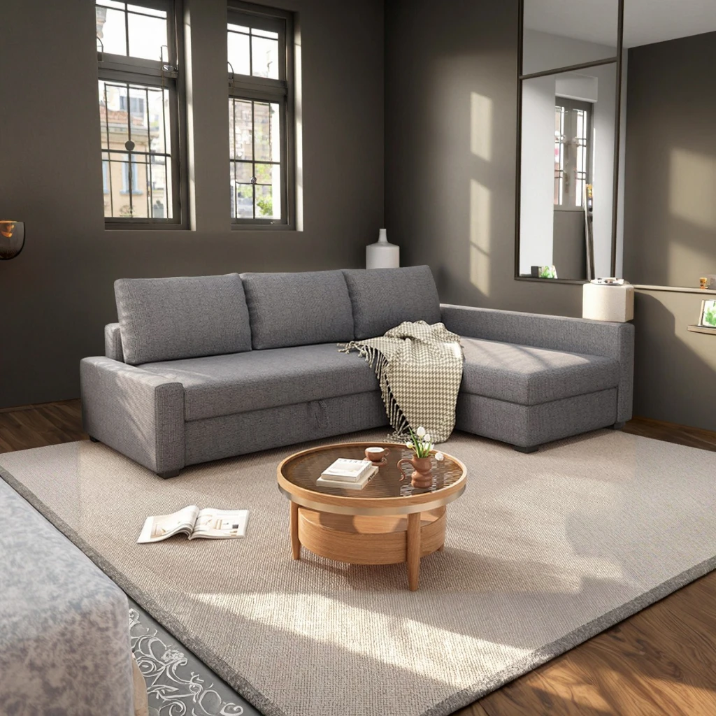 

Cotton Linen Convertible Corner Sofa Bed Multifunctional Freeton Modern Style Small Living Room Storage Pull Out Coffee Tables