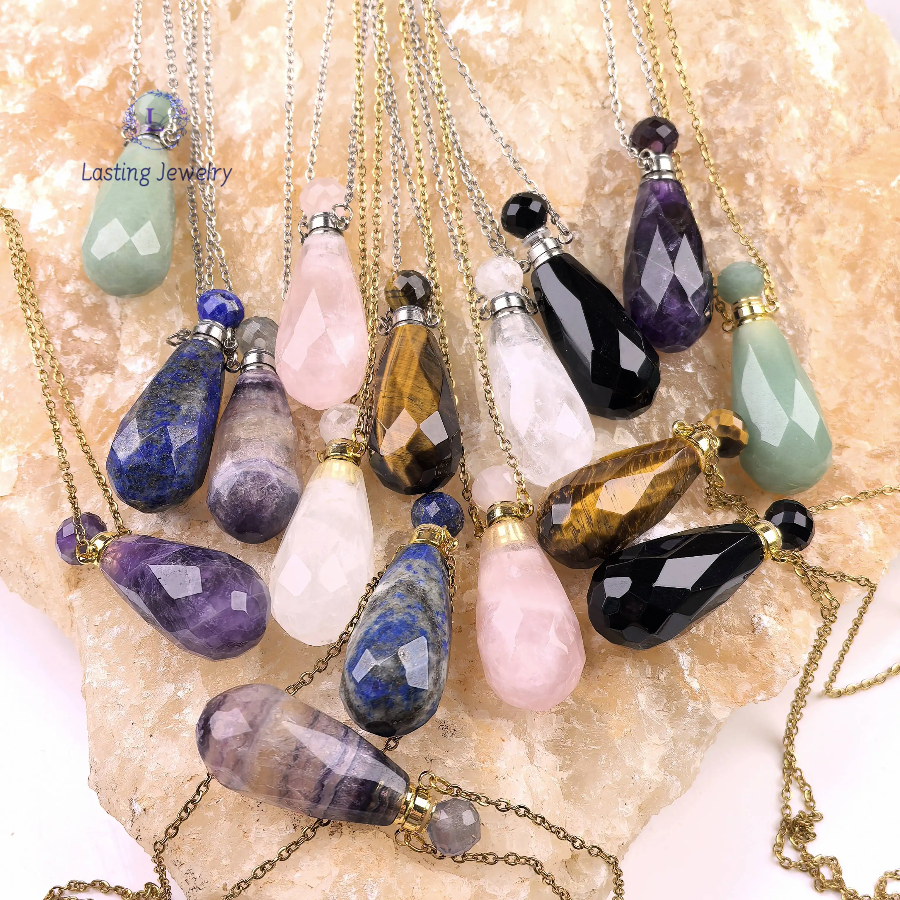 Healing Crystal Drop Perfume Bottle Pendant Necklace,Rose Quartz Obsidian Amethyst Essential Oil Diffuser Vial Charms Jewelry