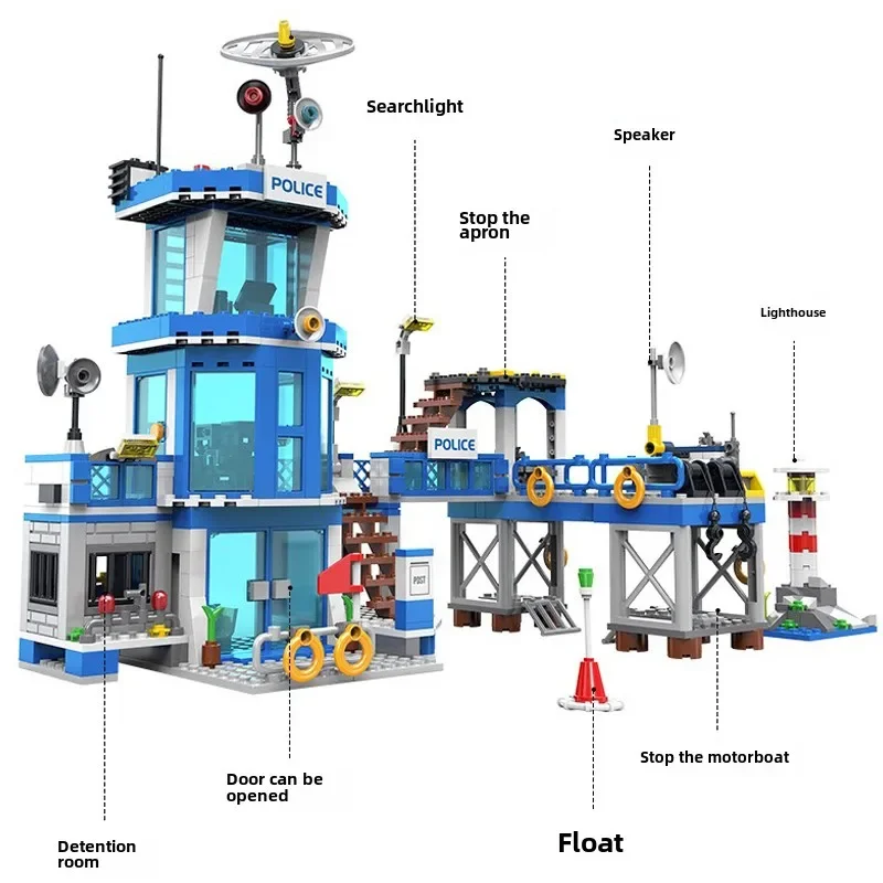 Street View Stadt Polizei Station Küste Wache Bausteine Hubschrauber Auto SWAT Gefängnis Modell Ziegel Spielzeug Für Kinder Weihnachten Geschenk