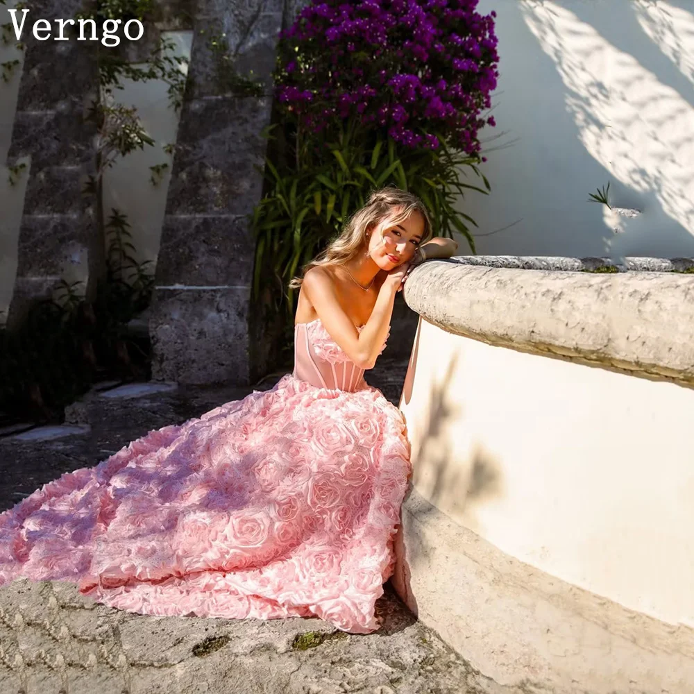 

Verngo Pink 3D Flowers Prom Dress Strapless A Line Zipper Evening Dresses Elegant Sweep Train Party Gowns 2026 Customized