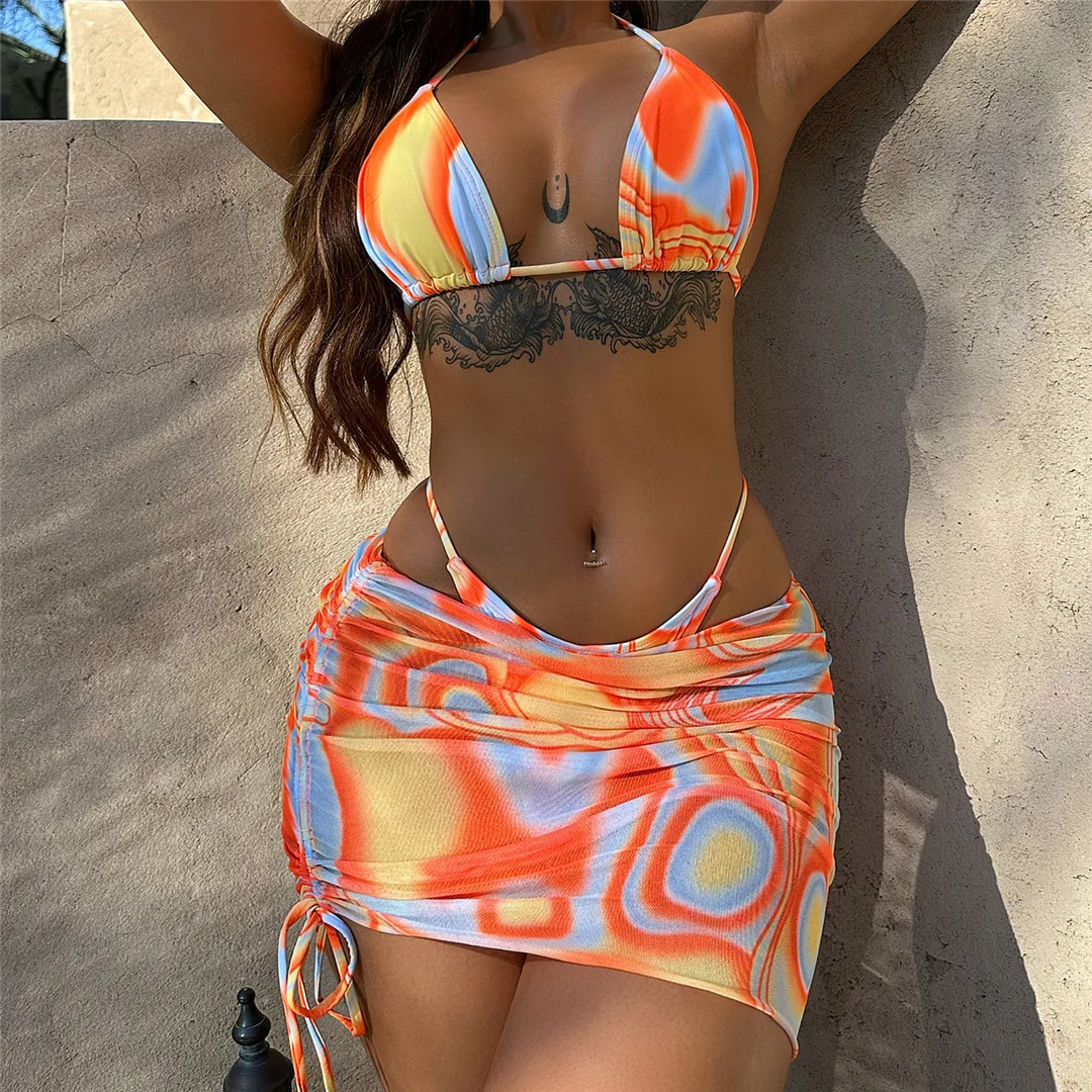 Mit Rock, Batikmuster, Neckholder, hoch geschnittenem Bikini, Damen-Badebekleidung, dreiteiliger Bikini-Set, Badeanzug, Badebekleidung, Schwimmbekleidung V4717 – Detail 12