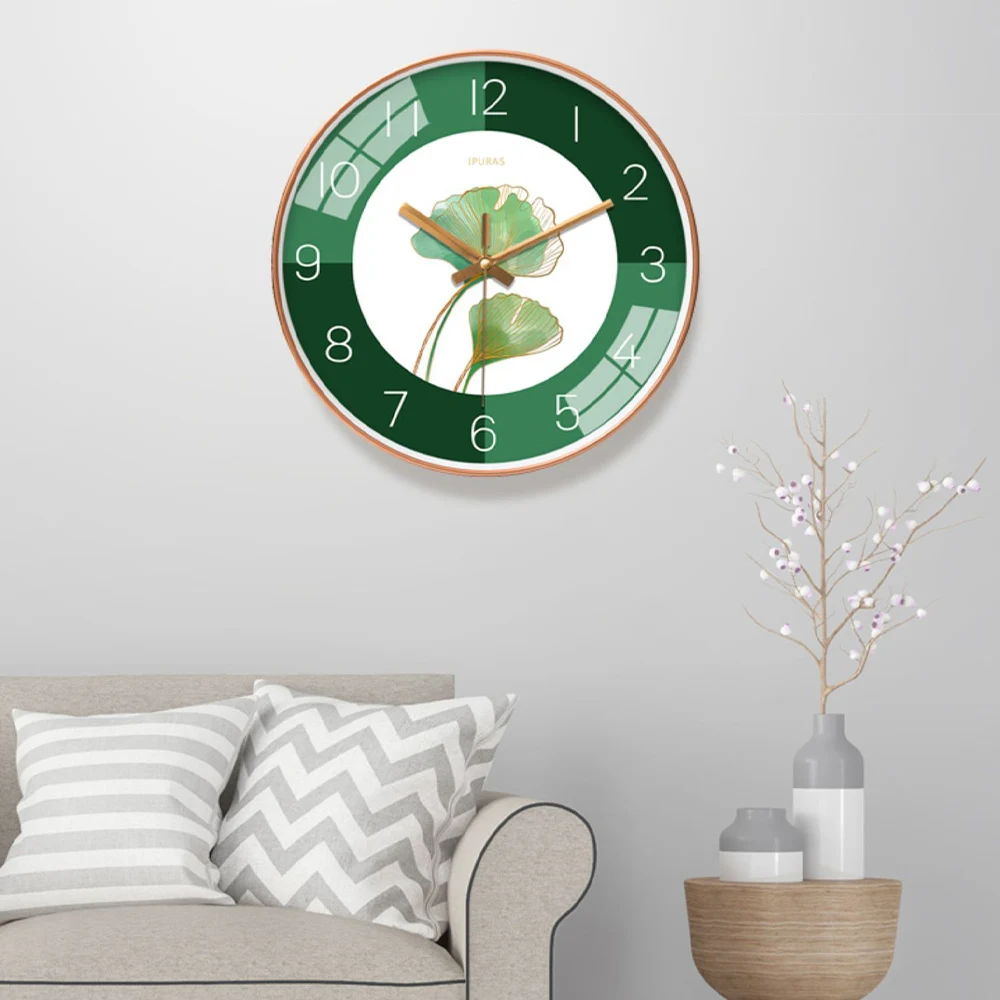 

Simple Round Wall Clock Green Leaves Living Room Bedroom Clock Modern Quartz Movement Fashion Single-sided Silent Clock