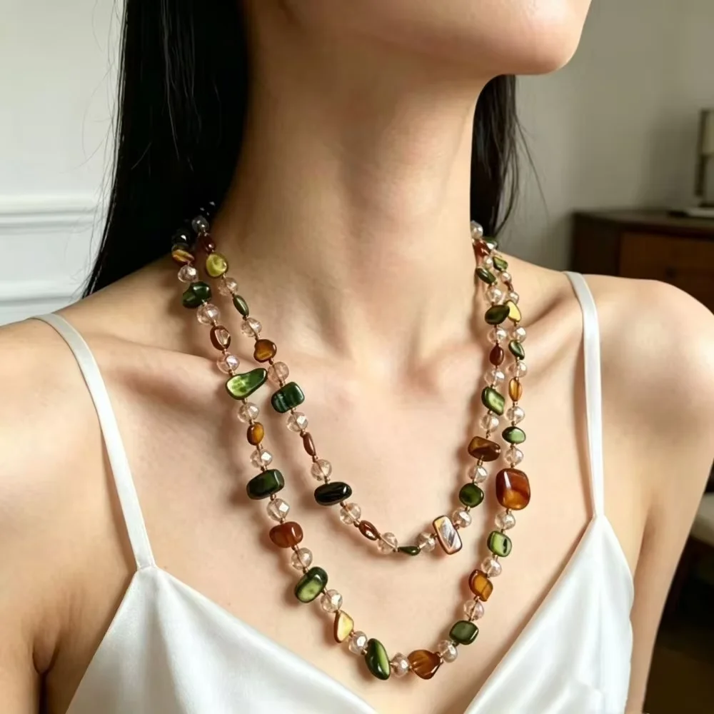Vintage Double Layer Irregular Natural Stone Beaded Necklace For Women Boho Multicolor Gravel Crystal Long Necklace Daily Gift