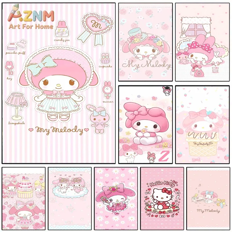 Sanrio My Melody Pink Series Canvas Wall Art No Frame Cute Bunny Cartoon Poster Multi-Design Collection Girls Bedroom Home Decor