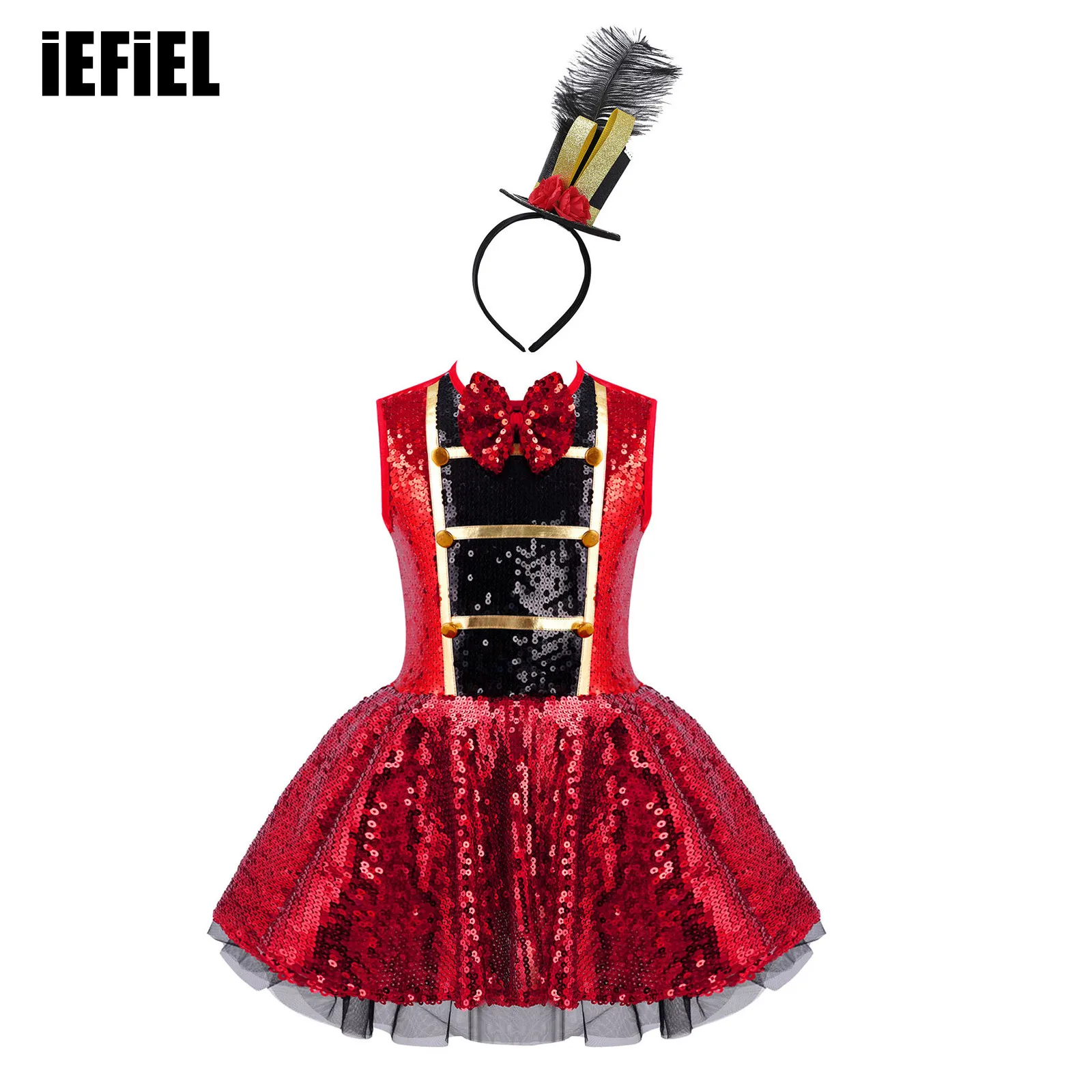 

Kids Girls Shiny Sequins Adorned Leotard Dress Round Neck Sleeveless with Feather Mini Top Hat for Halloween Carnival Party