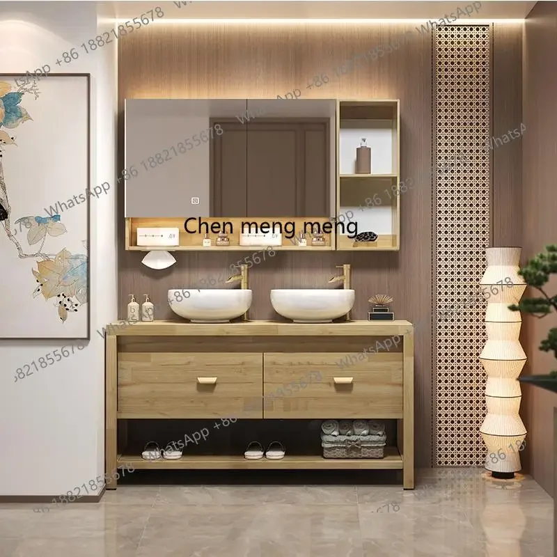 02A Premium log wind solid wood bathroom cabinet combination light luxury bathroom double basin washstand