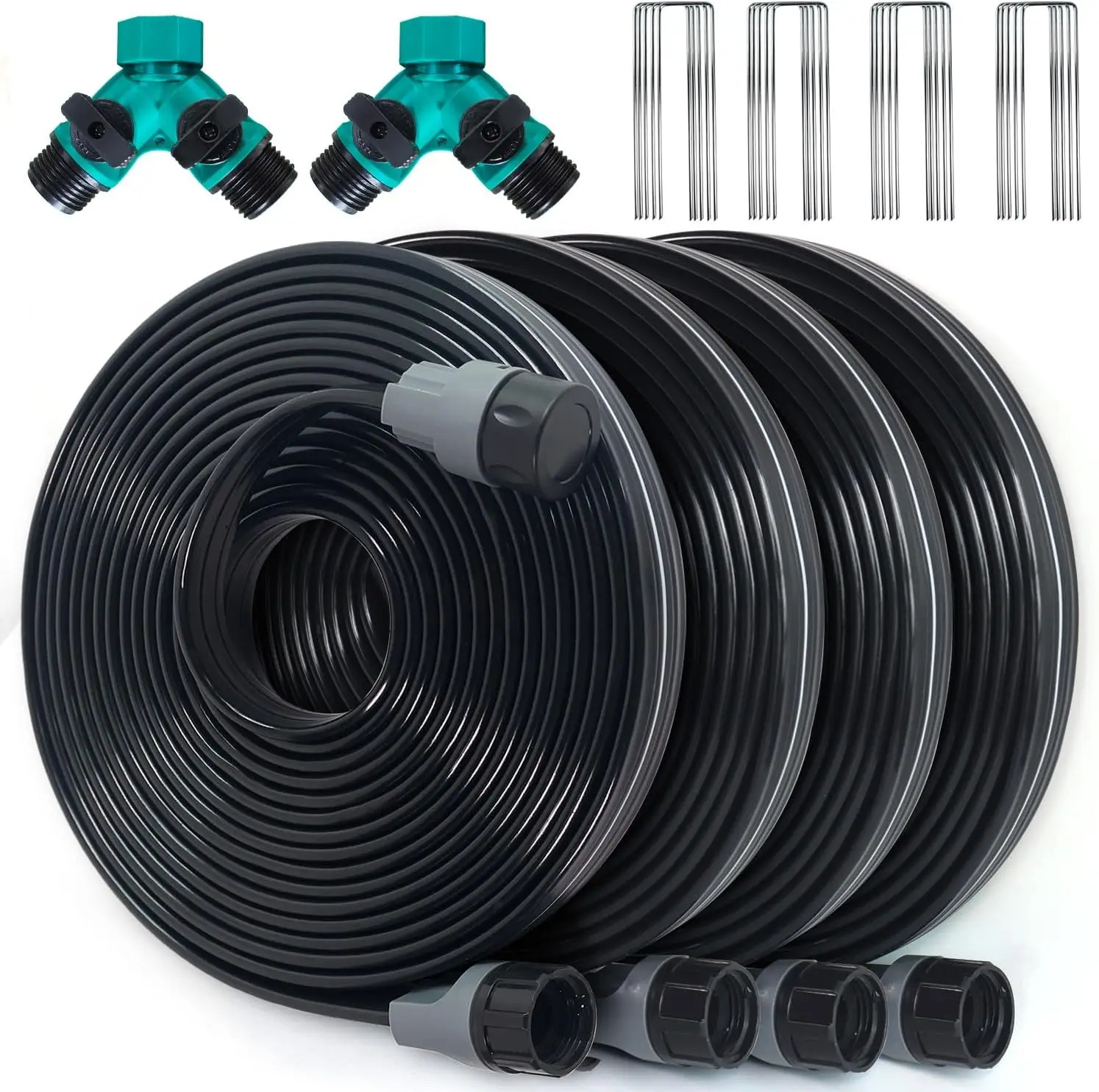 

100 Ft Flat Soaker Hose with Holes, Garden Staples & Splitters for Lawn and Vegetable Beds