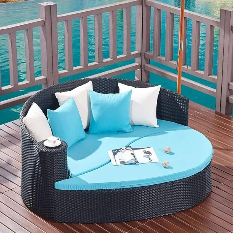 Cama ao ar livre, piscina de lazer villa, arte de vime cama preguiçosa de lazer criativa, tecelagem de vime de pátio de parque, móveis redondos