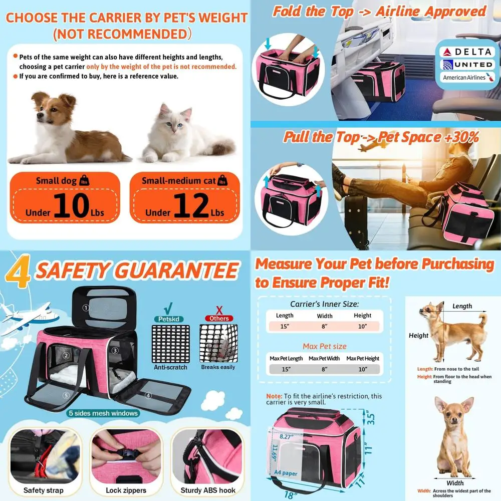 

Expandable Airline-Approved Soft-Sided Pet Carrier, 18x11x11 Inches, Pink, for Small Cats & Dogs with Locking Zippers and Scratc