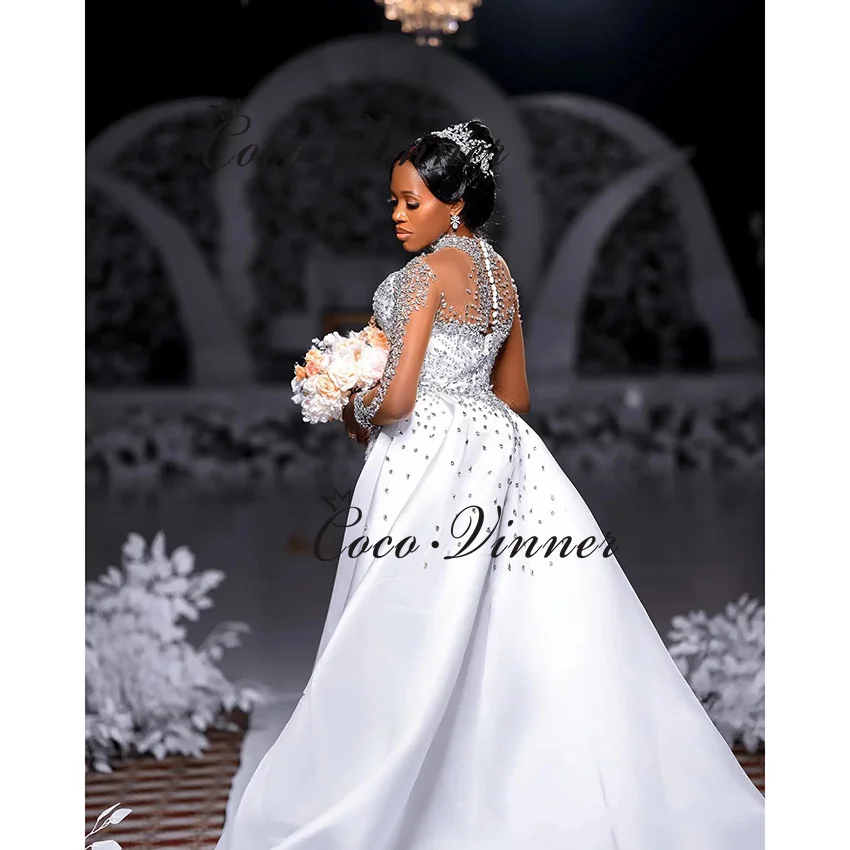 Robe de mariée sirène en Satin de haute qualité, personnalisée, Style 2 en 1, perles lourdes, avec traîne détachable, W1407