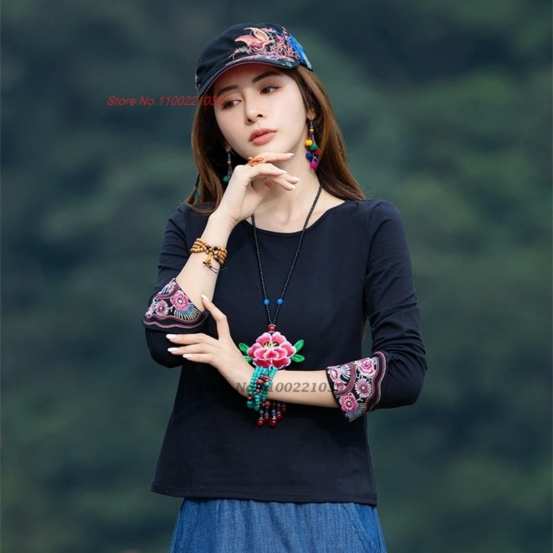 2025 national flower embroidery o-neck t-shirt folk streetwear chinese vintage base shirt oriental elegant elastic folk shirt